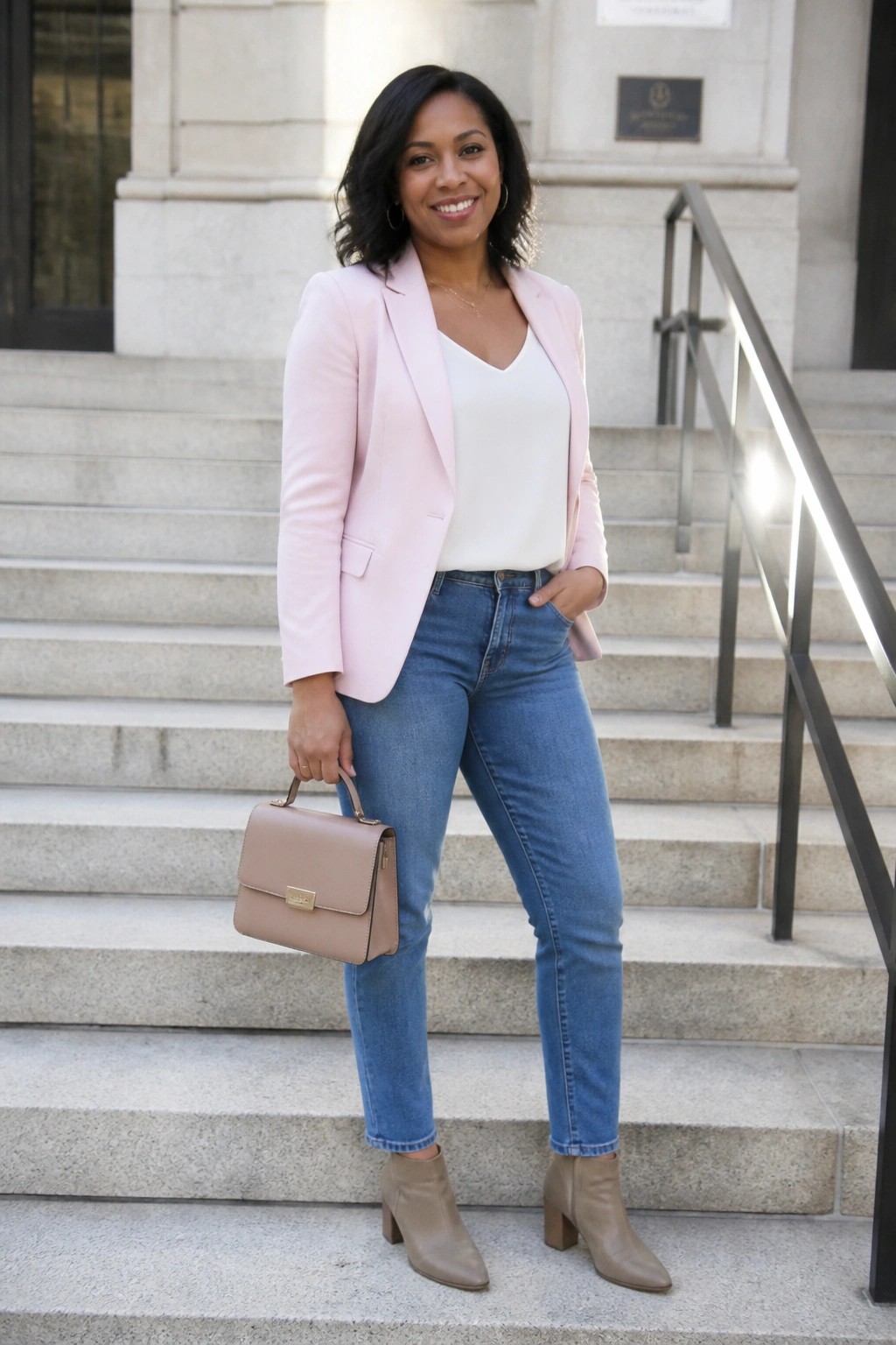 Woman in pink blazer and jeans holding beige handbag on stone steps.
