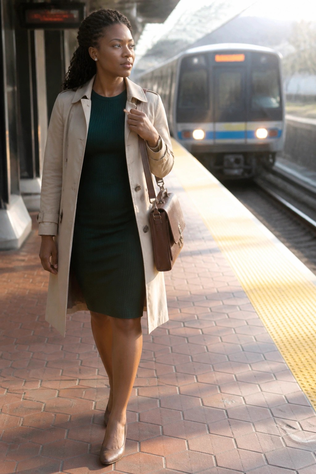 Woman in beige trench coat and green dress on train platform with handbag.
