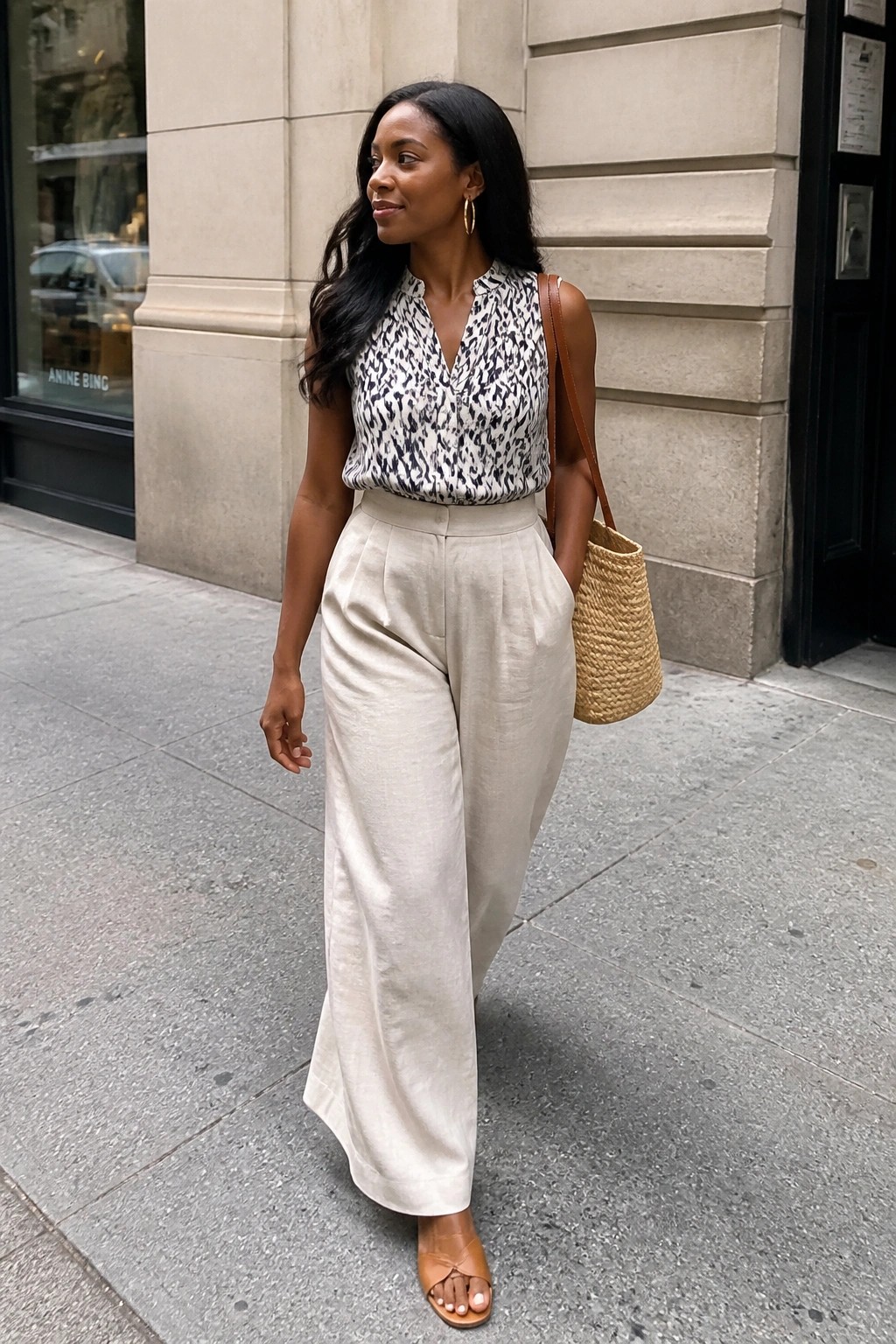 Woman in patterned top and wide-leg beige pants on city sidewalk
