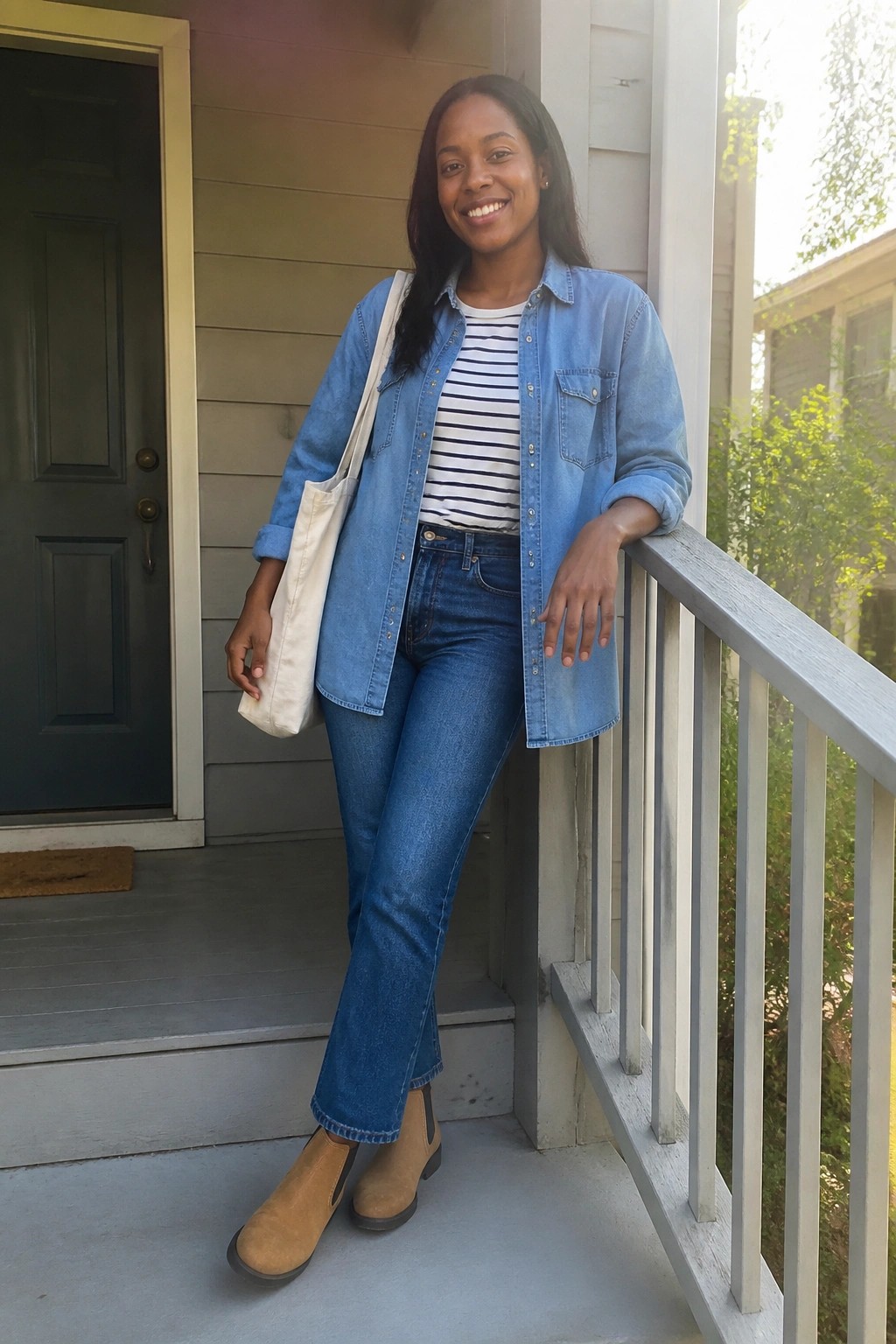 Smiling woman in denim shirt, striped top, and jeans on porch with tote bag