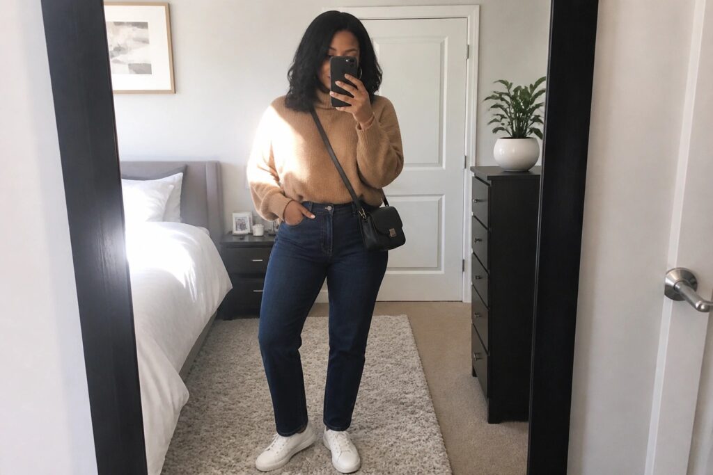 19 Casual Fall Outfits for Black Women Built Around Cozy Basics Woman in tan turtleneck sweater black straight leg jeans and white sneakers holding phone for mirror selfie with small black bag