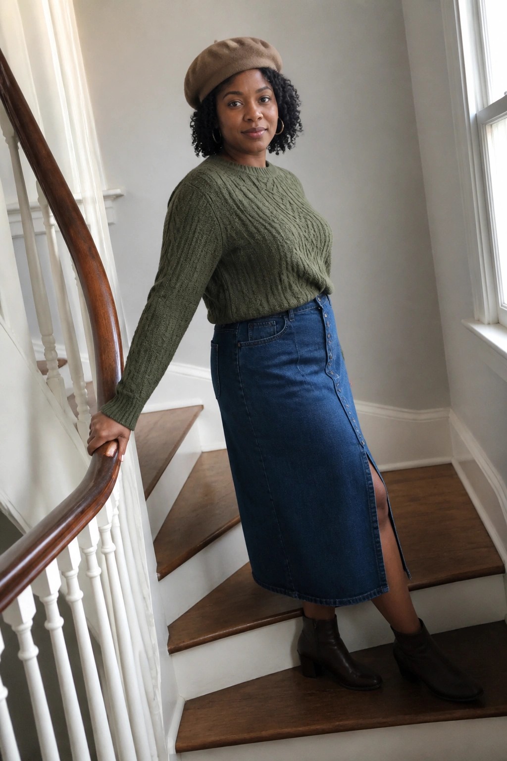 Woman wearing an olive cable knit sweater tucked into a blue button front denim midi skirt with a side slit, paired with brown ankle boots and a tan beret while standing on a staircase.