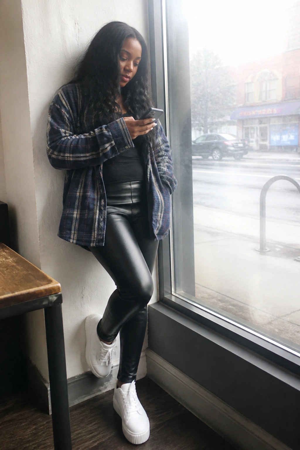 Woman wearing an open blue and black plaid flannel shirt over a black top and shiny black leggings with white platform sneakers while standing near a window.
