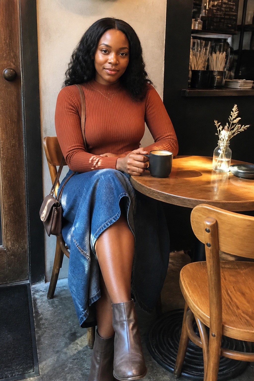 Black woman seated in a cafe wearing a rust ribbed turtleneck sweater tucked into a blue denim midi skirt with brown ankle boots and a small brown crossbody bag while holding a coffee mug.