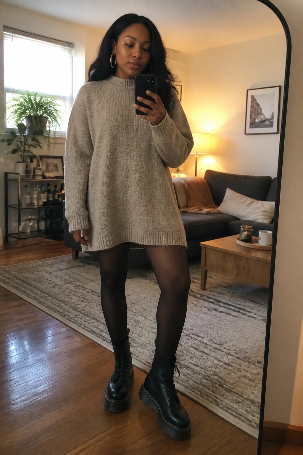 Woman in beige knit sweater dress and black combat boots taking mirror selfie