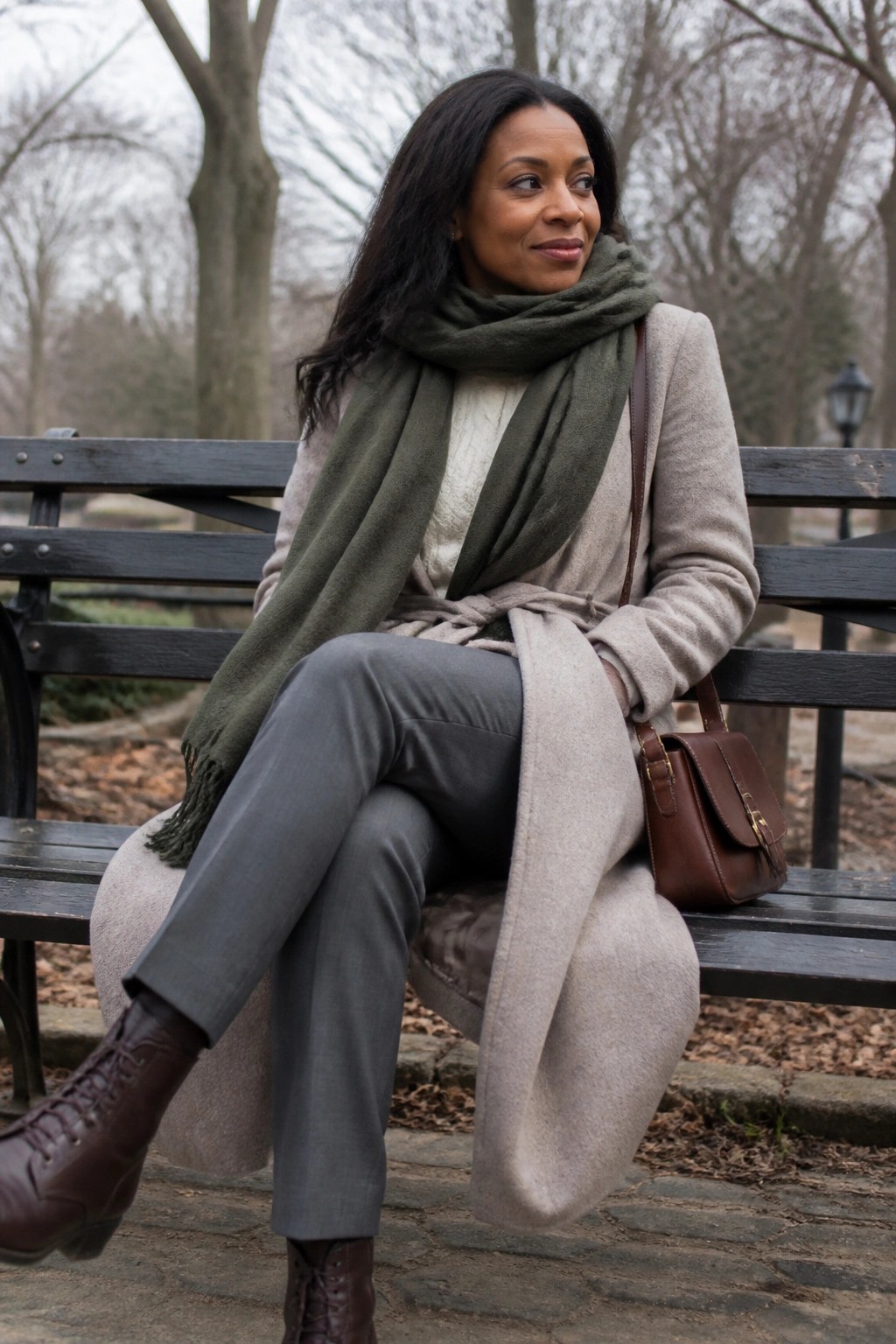 Woman in beige coat and green scarf sits on park bench with brown bag