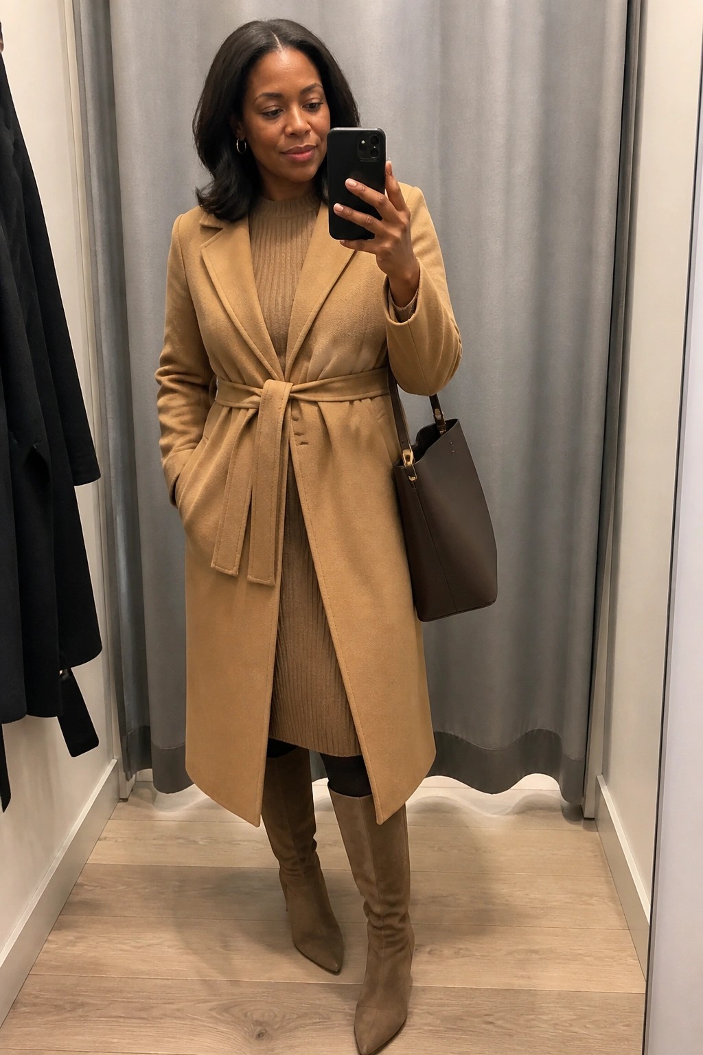 Woman in a belted camel wool coat over a beige ribbed sweater dress, paired with matching suede knee high boots and a brown leather tote bag, taking a mirror selfie in a fitting room.