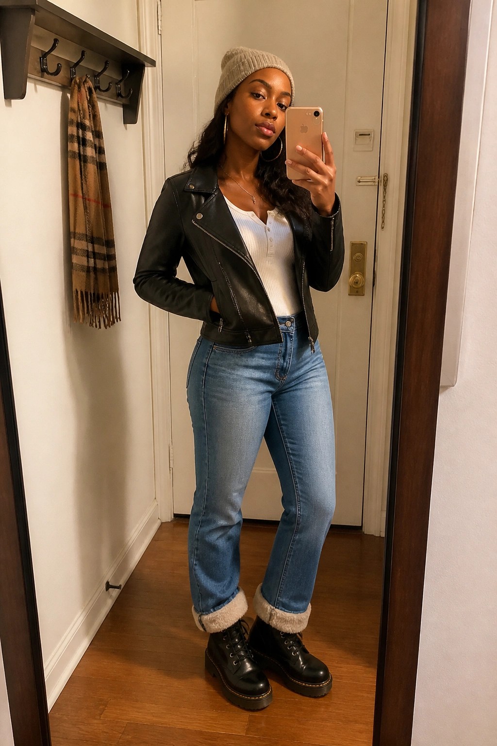 Woman in black leather jacket and cuffed jeans taking mirror selfie with iPhone