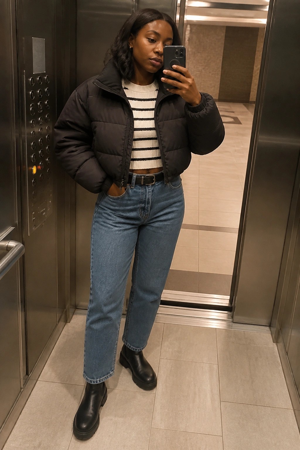 Woman in black cropped puffer jacket and jeans taking mirror selfie in elevator