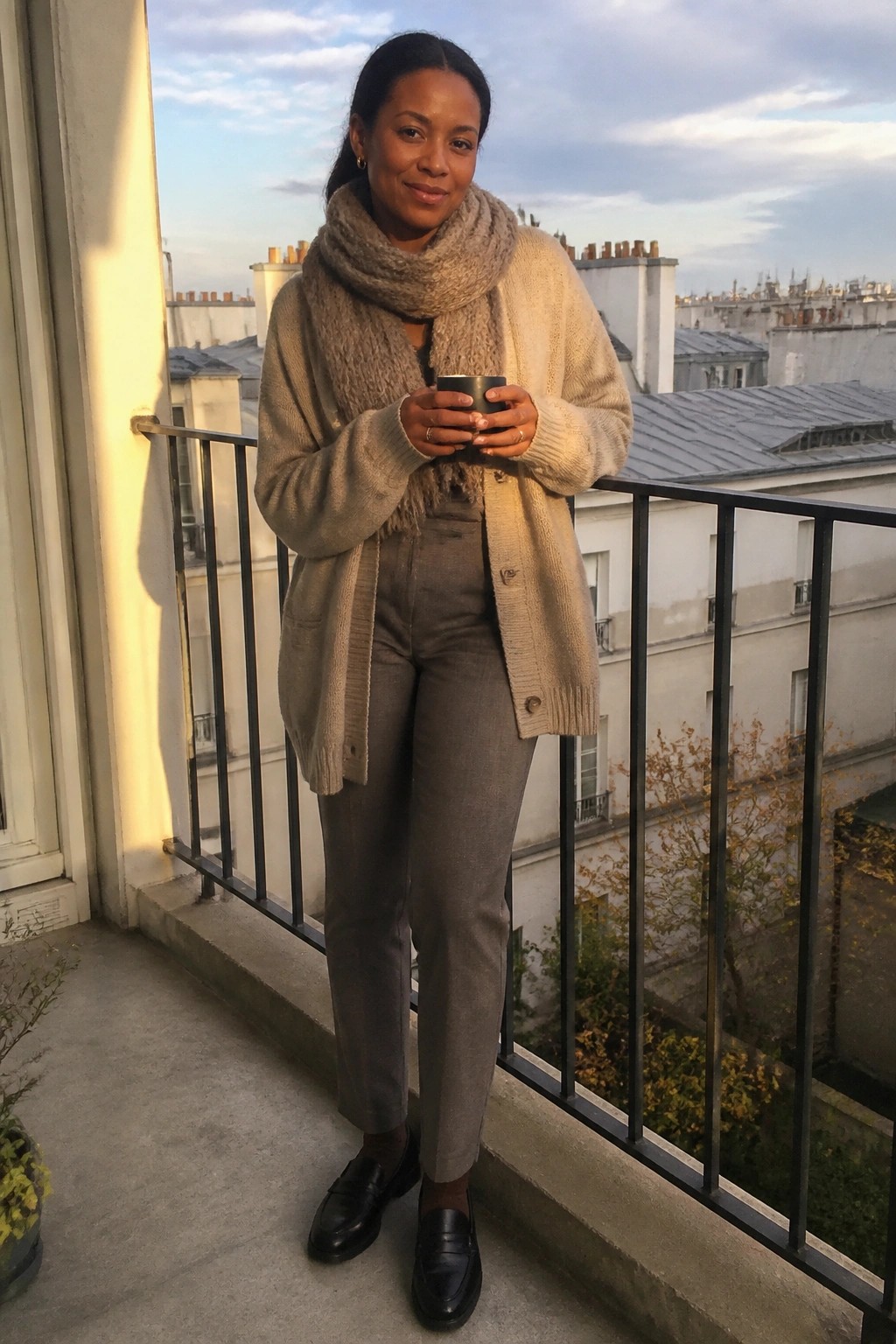 Woman in beige cardigan and scarf holding cup on city balcony