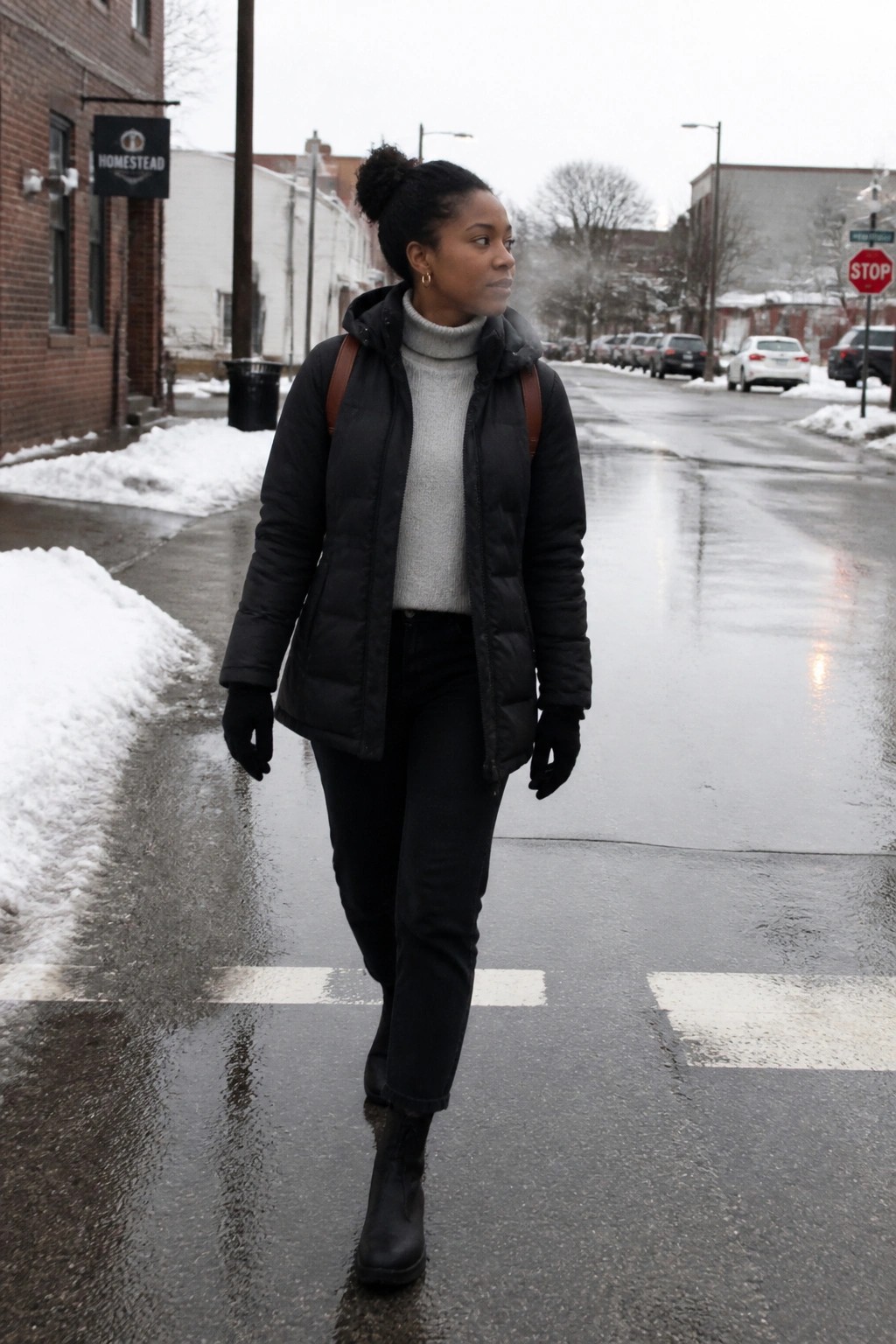 Woman wearing black puffer jacket over gray turtleneck sweater with black jeans black boots and black gloves standing on a street crosswalk