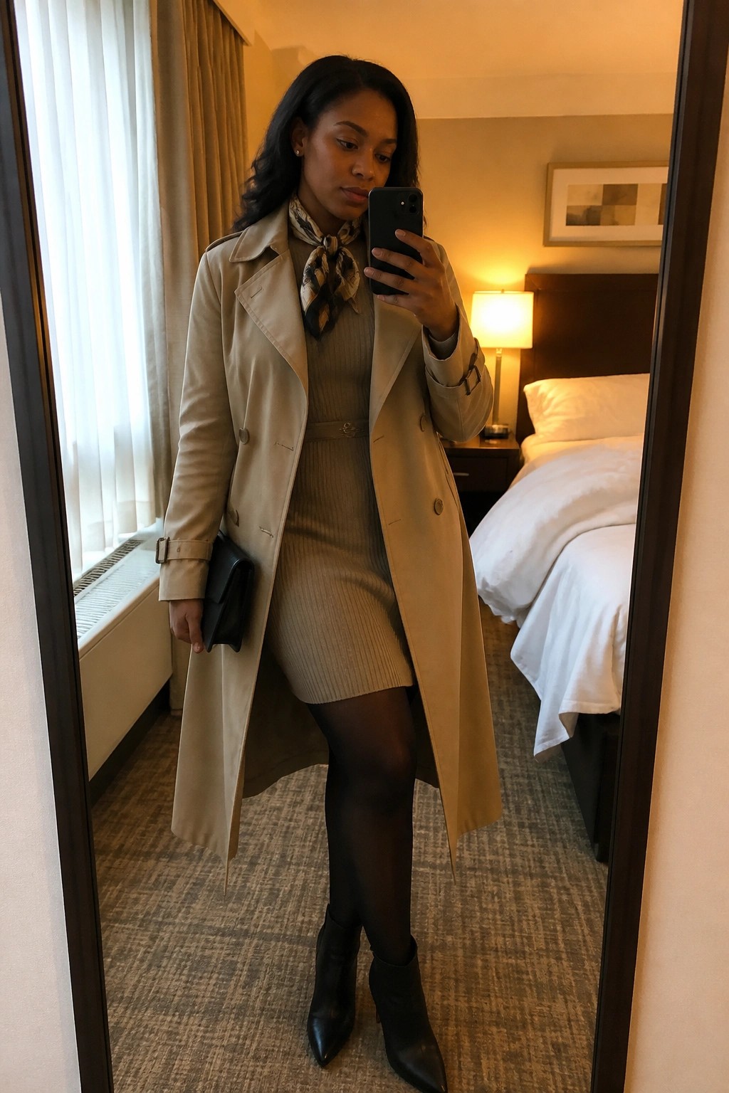 Woman in beige trench coat taking mirror selfie in hotel room