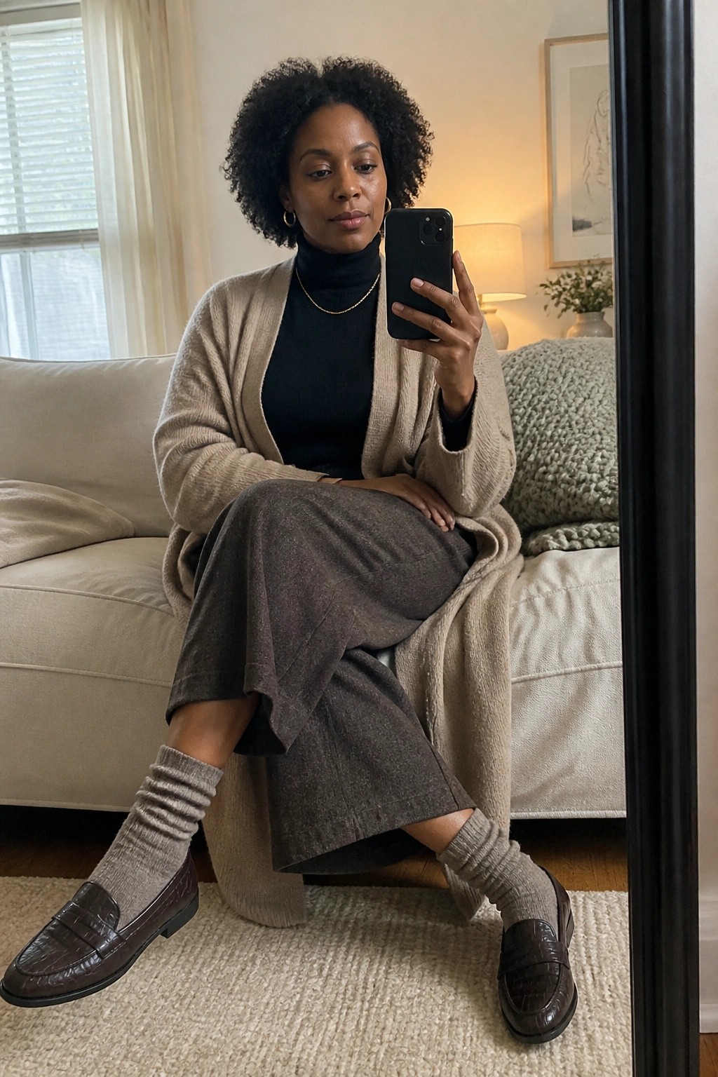 Woman in beige cardigan and brown pants taking a mirror selfie on couch.