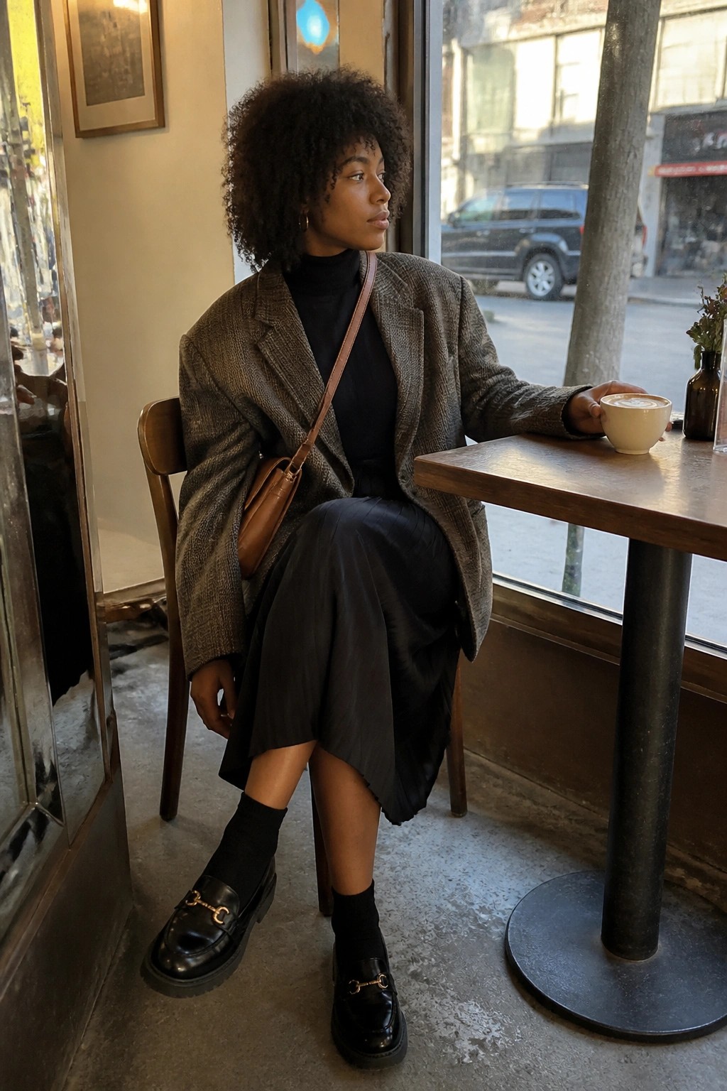 Woman in brown tweed blazer and black skirt at cafe table with coffee.
