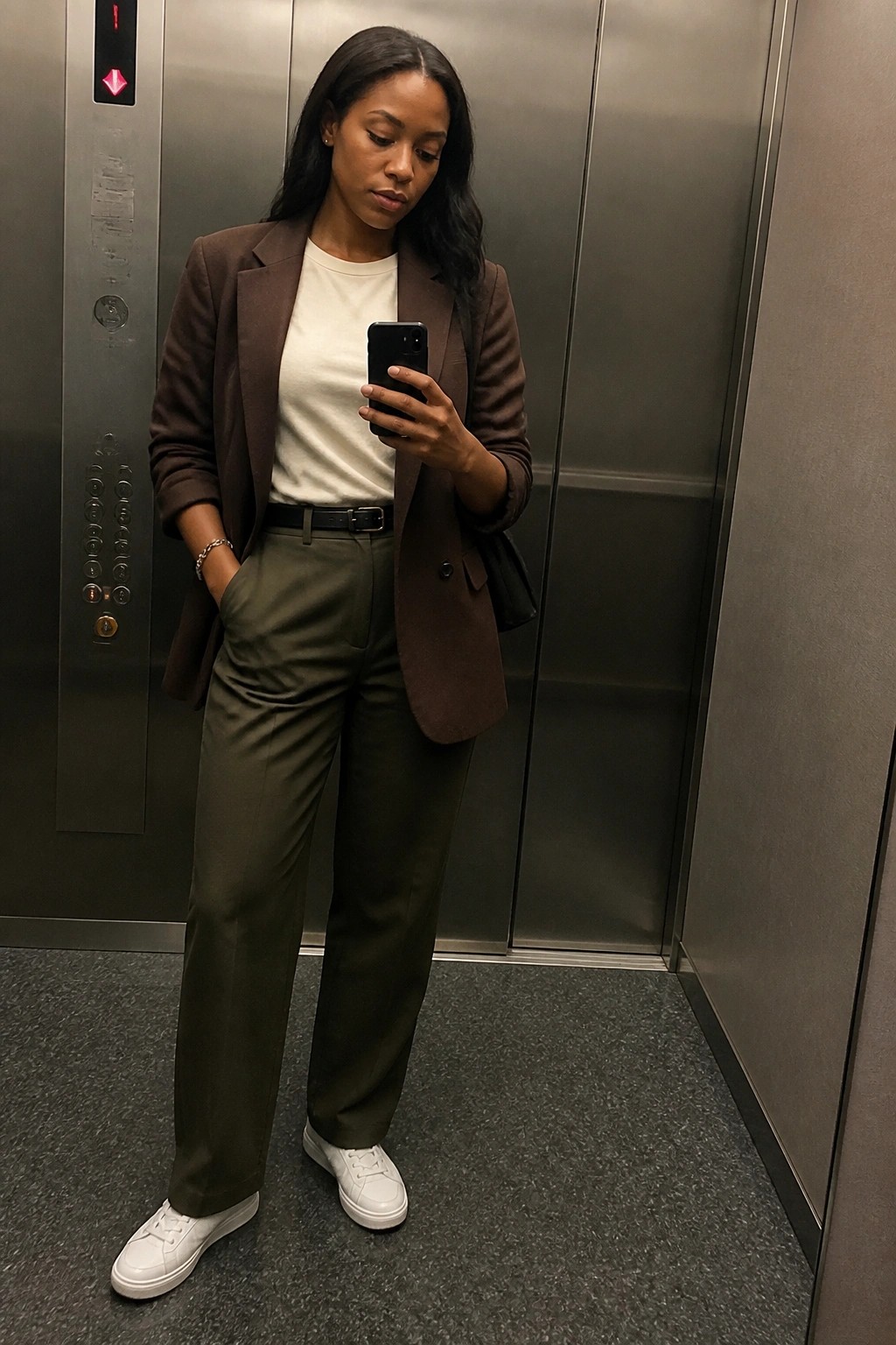 Woman in brown blazer and olive pants checks phone in elevator.