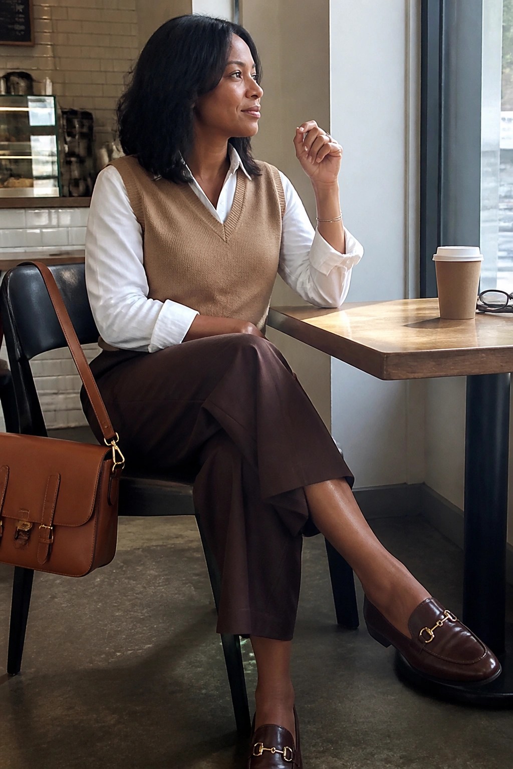 Woman in beige sweater vest and brown trousers at cafe table with coffee