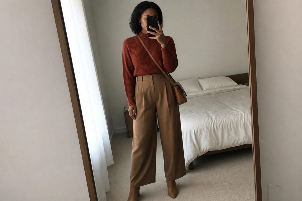 Woman in rust sweater and tan wide-leg pants taking bedroom mirror selfie