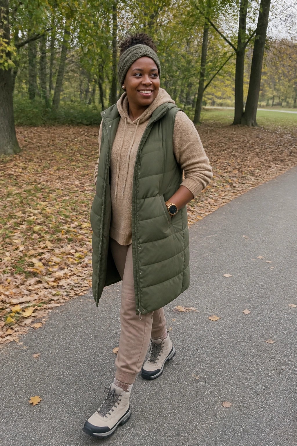 Woman in green puffer vest and knit headband on autumn park path