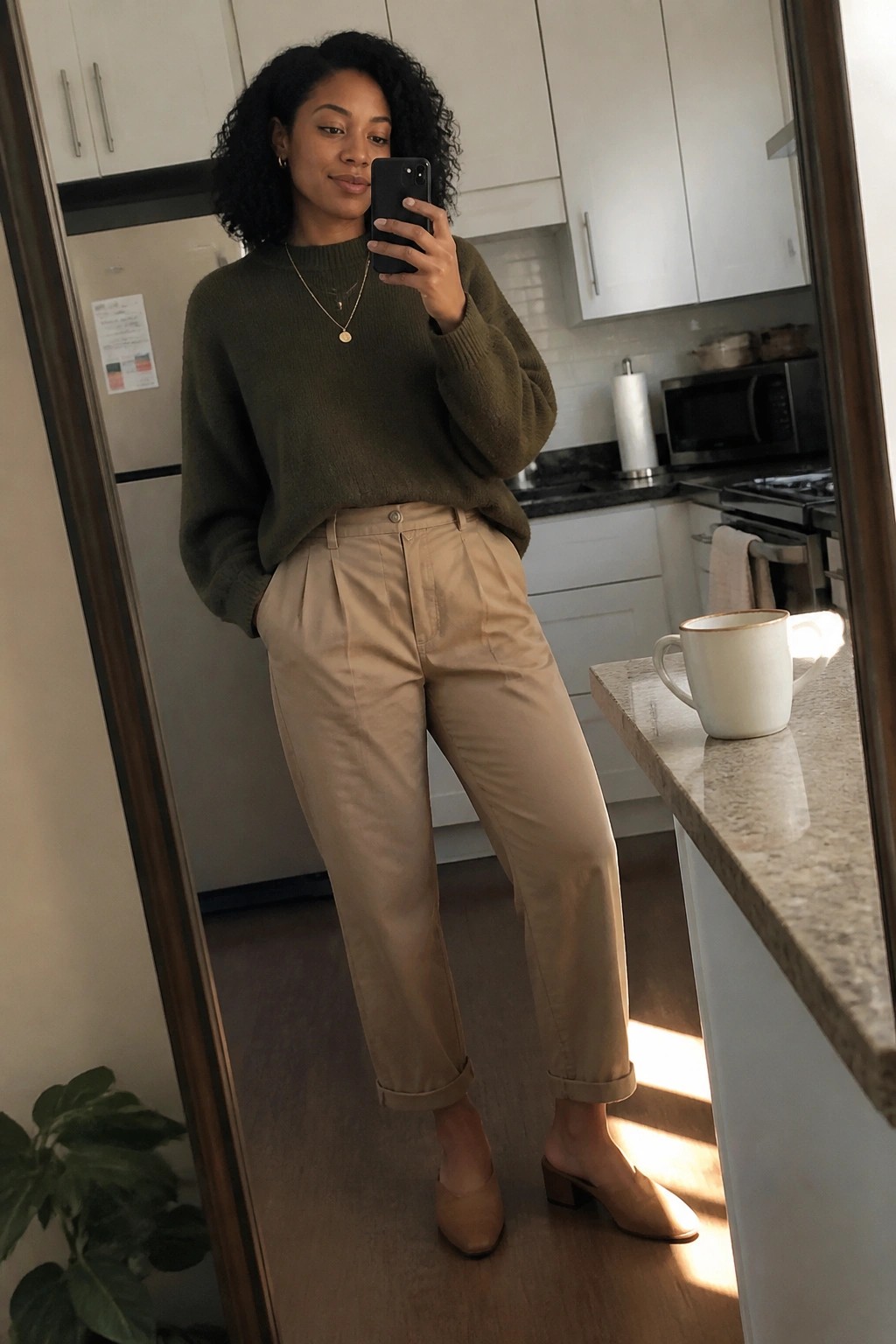 Woman with curly hair in green sweater and beige pants taking kitchen mirror selfie