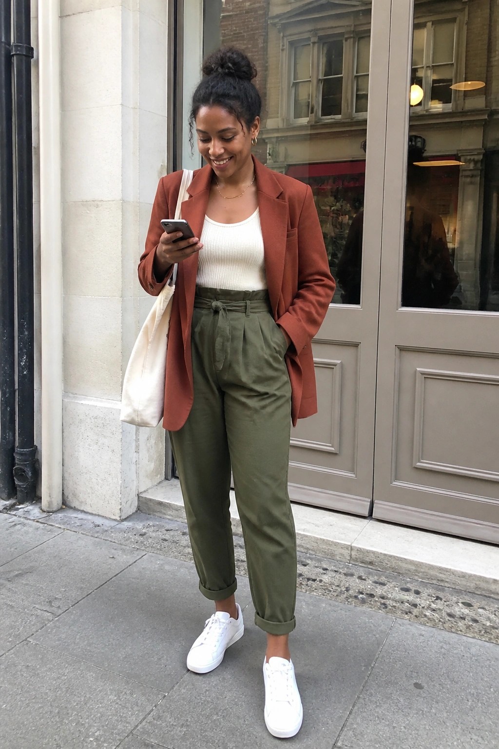 Woman in rust blazer and olive pants checks phone on city sidewalk.