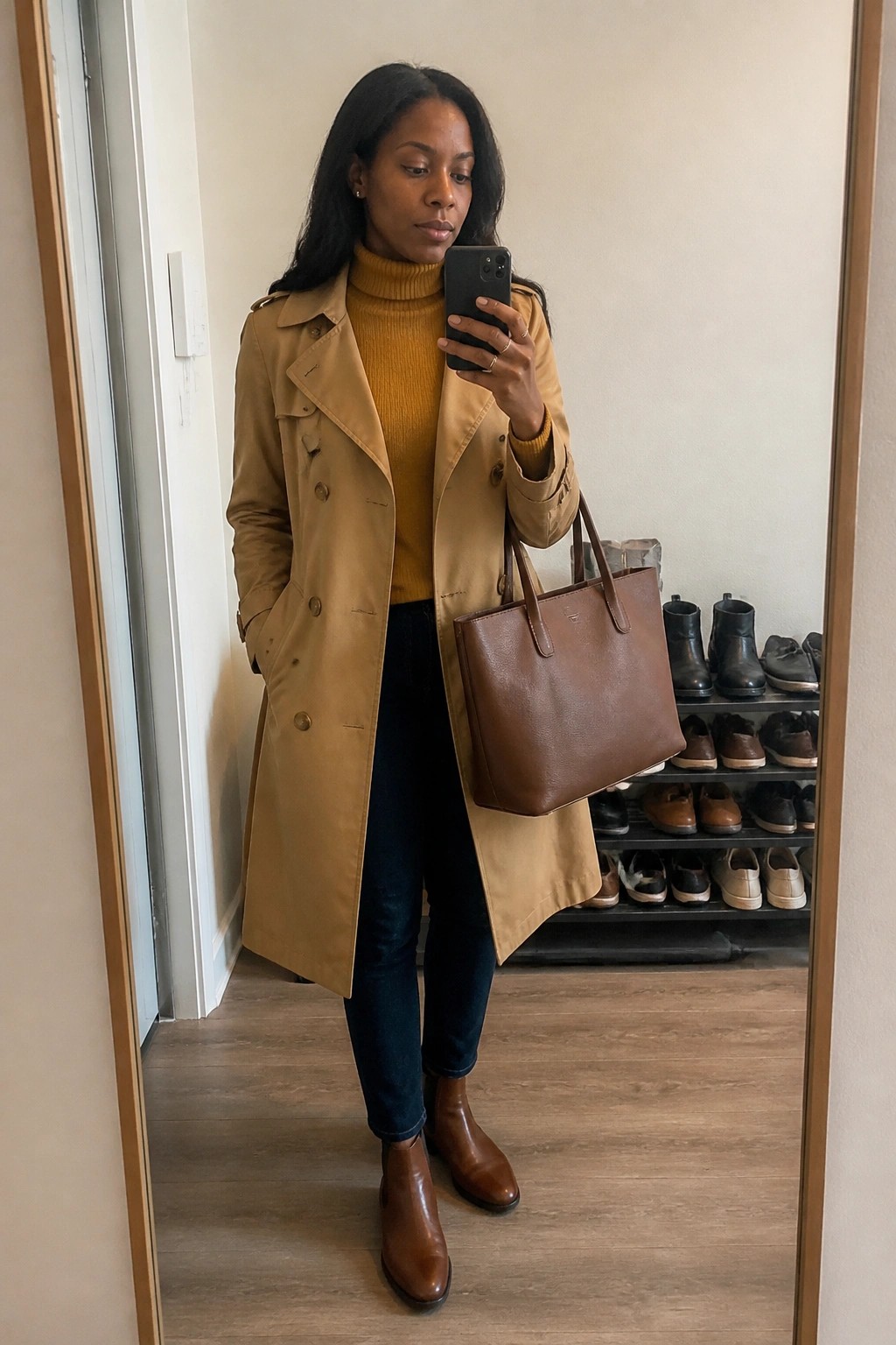 Woman in tan trench coat and yellow turtleneck holding brown tote for mirror selfie