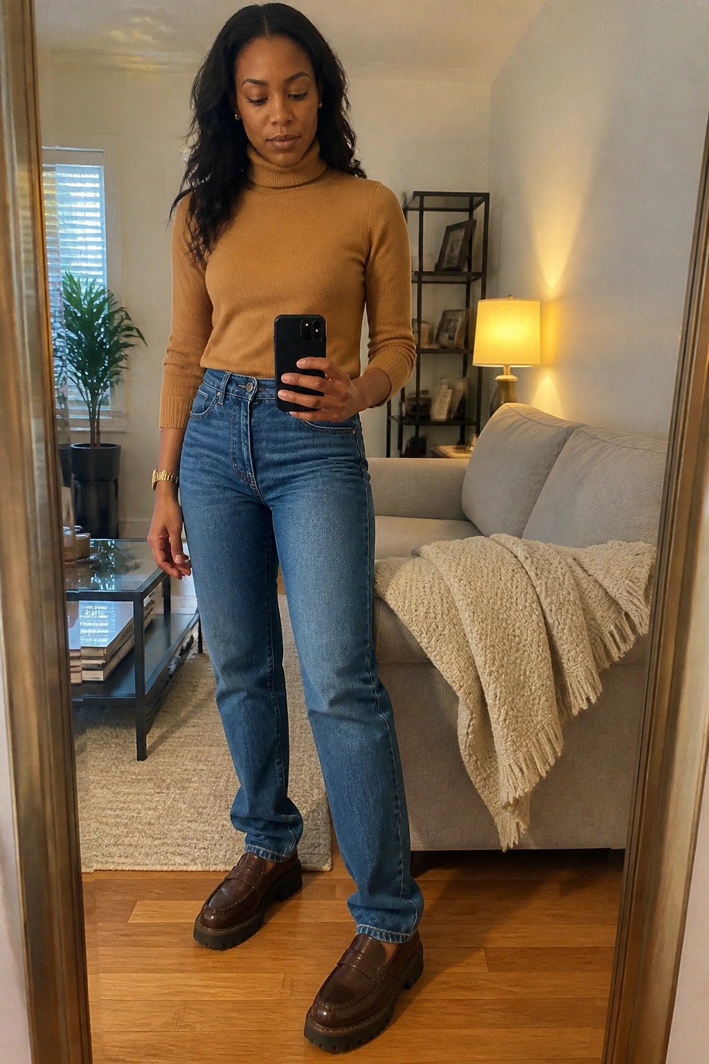 Woman in tan turtleneck, blue jeans, and brown loafers taking mirror selfie indoors