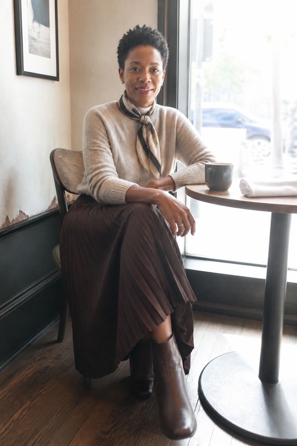 Woman in beige sweater and pleated skirt seated at cafe table with coffee mug