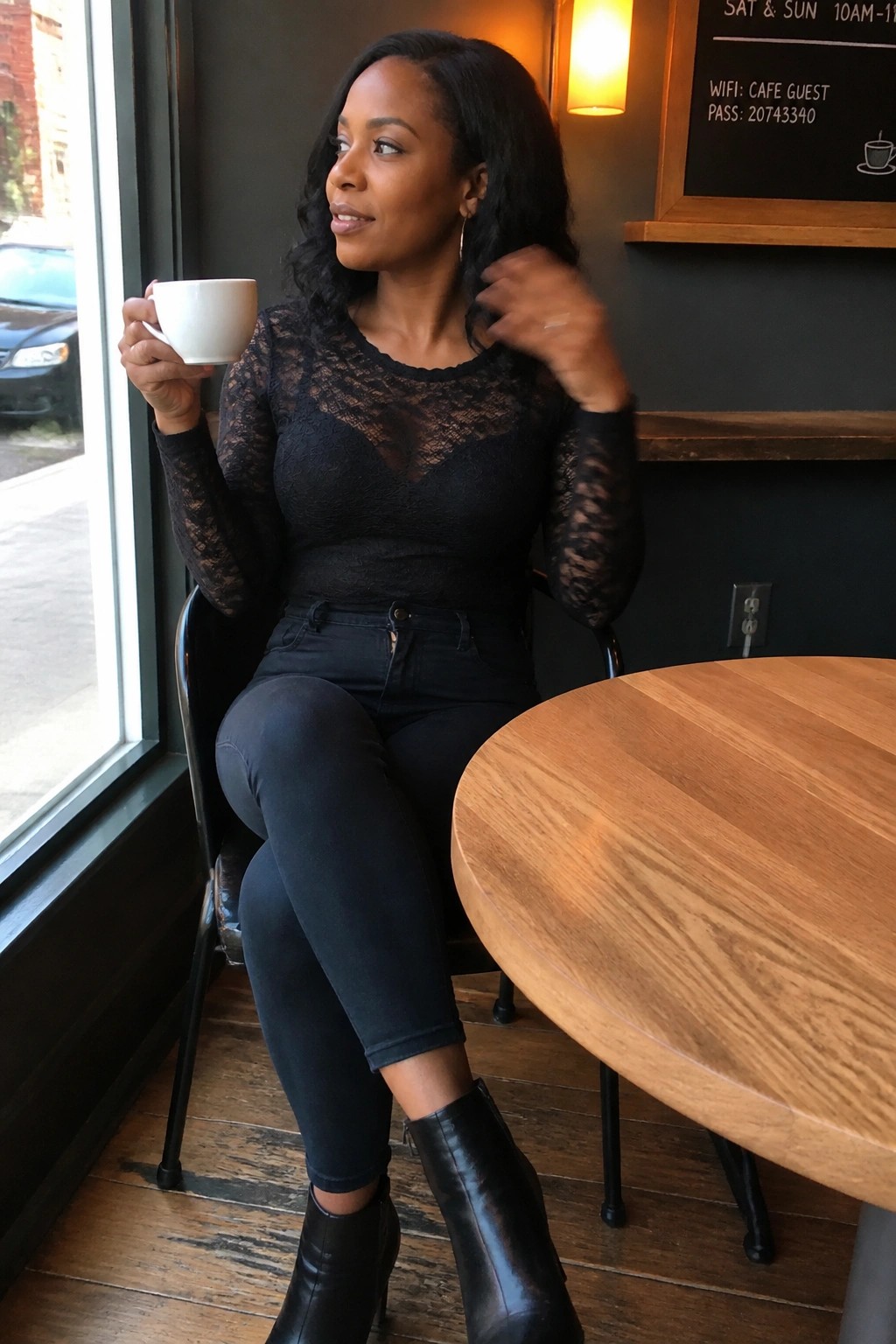 Woman in black lace top holding white coffee cup at cafe table