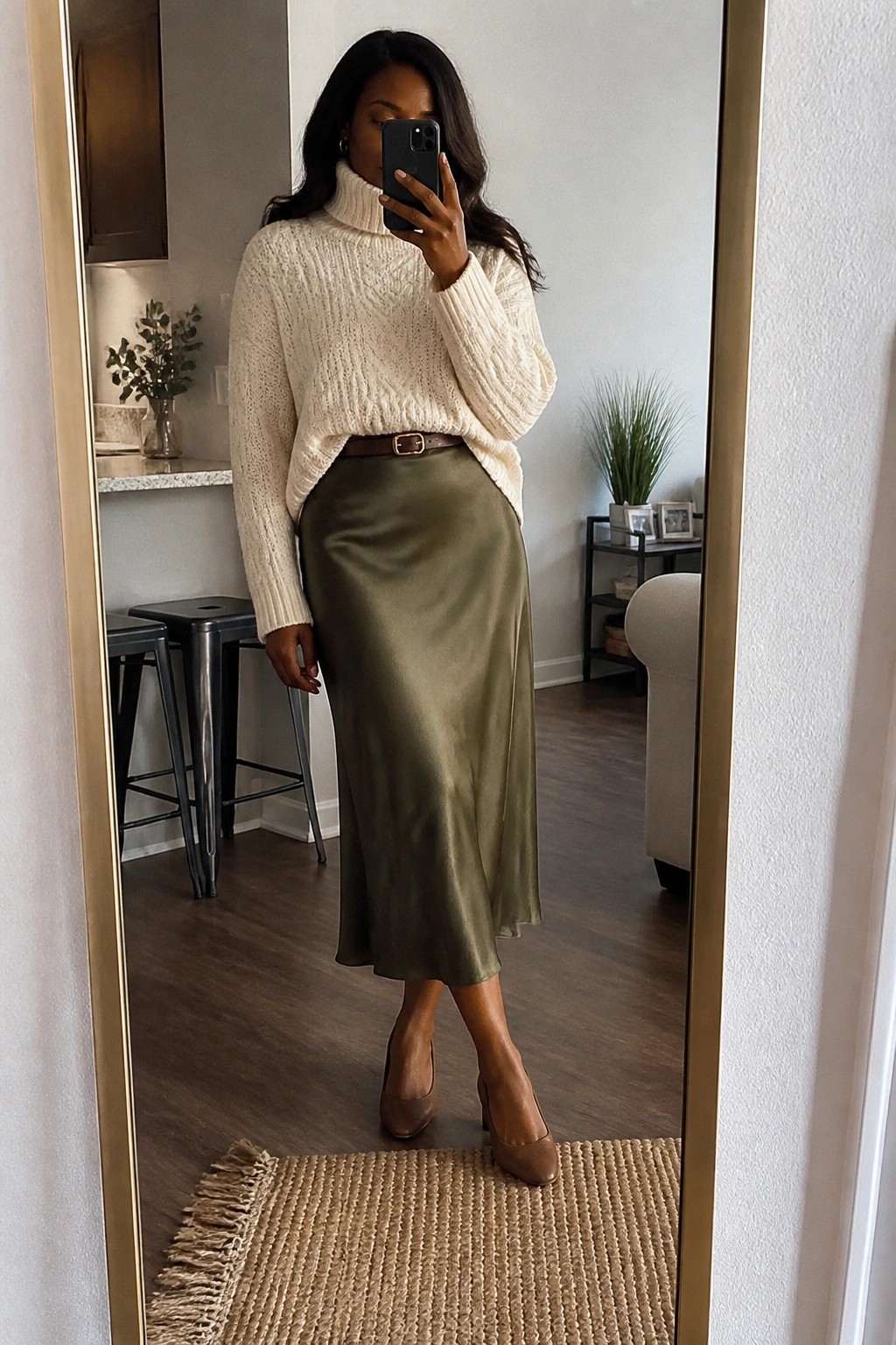 Woman in cream turtleneck sweater and olive satin skirt taking mirror selfie