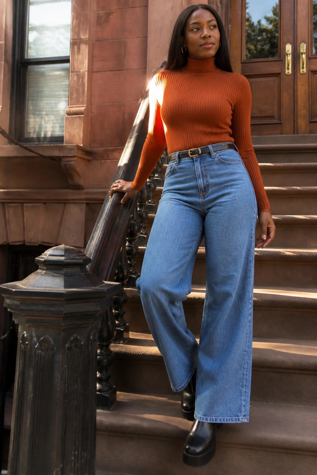 Woman in orange turtleneck and blue wide-leg jeans on stone steps.