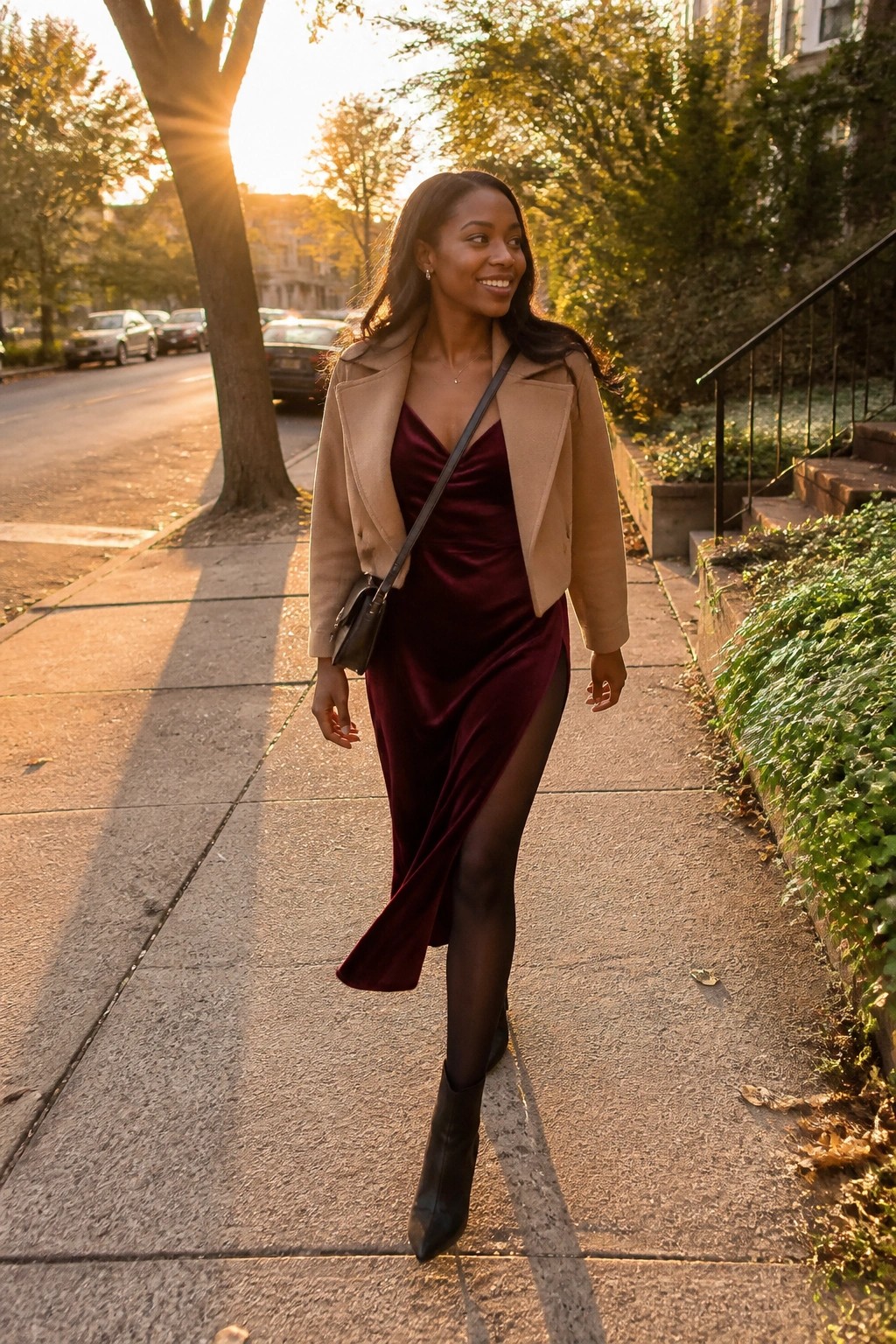 Woman in maroon velvet dress and beige jacket walking on sunny city sidewalk