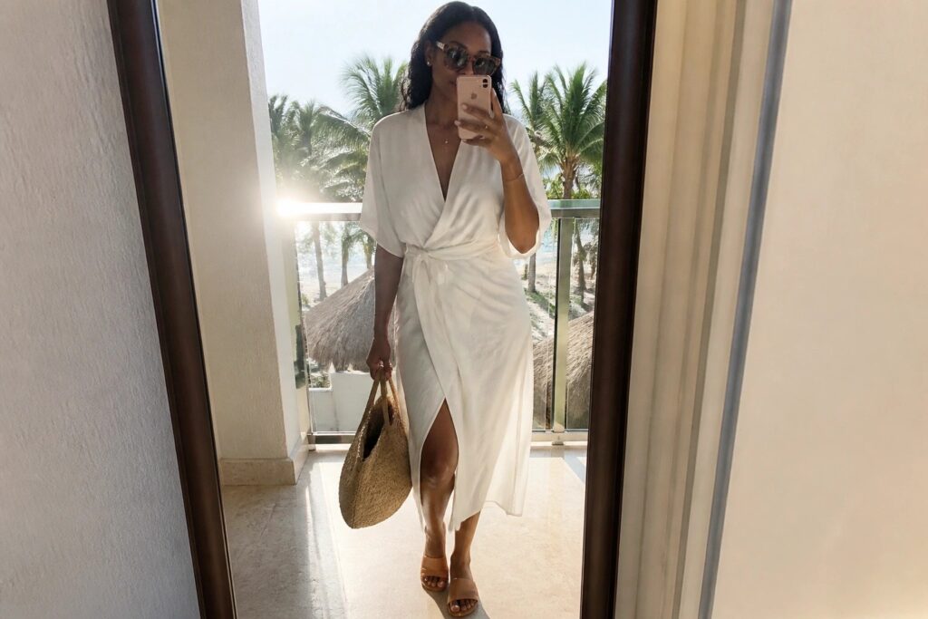 Black woman wearing a white short sleeve wrap dress with asymmetrical hem, brown leather slide sandals, gold layered necklaces, sunglasses, and holding a woven straw tote bag while taking a mirror selfie on a balcony.
