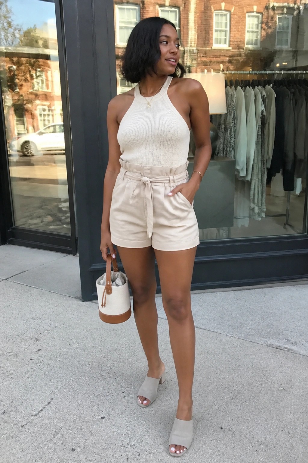 Woman in cream halter top and beige tie-waist shorts holding bucket bag outdoors
