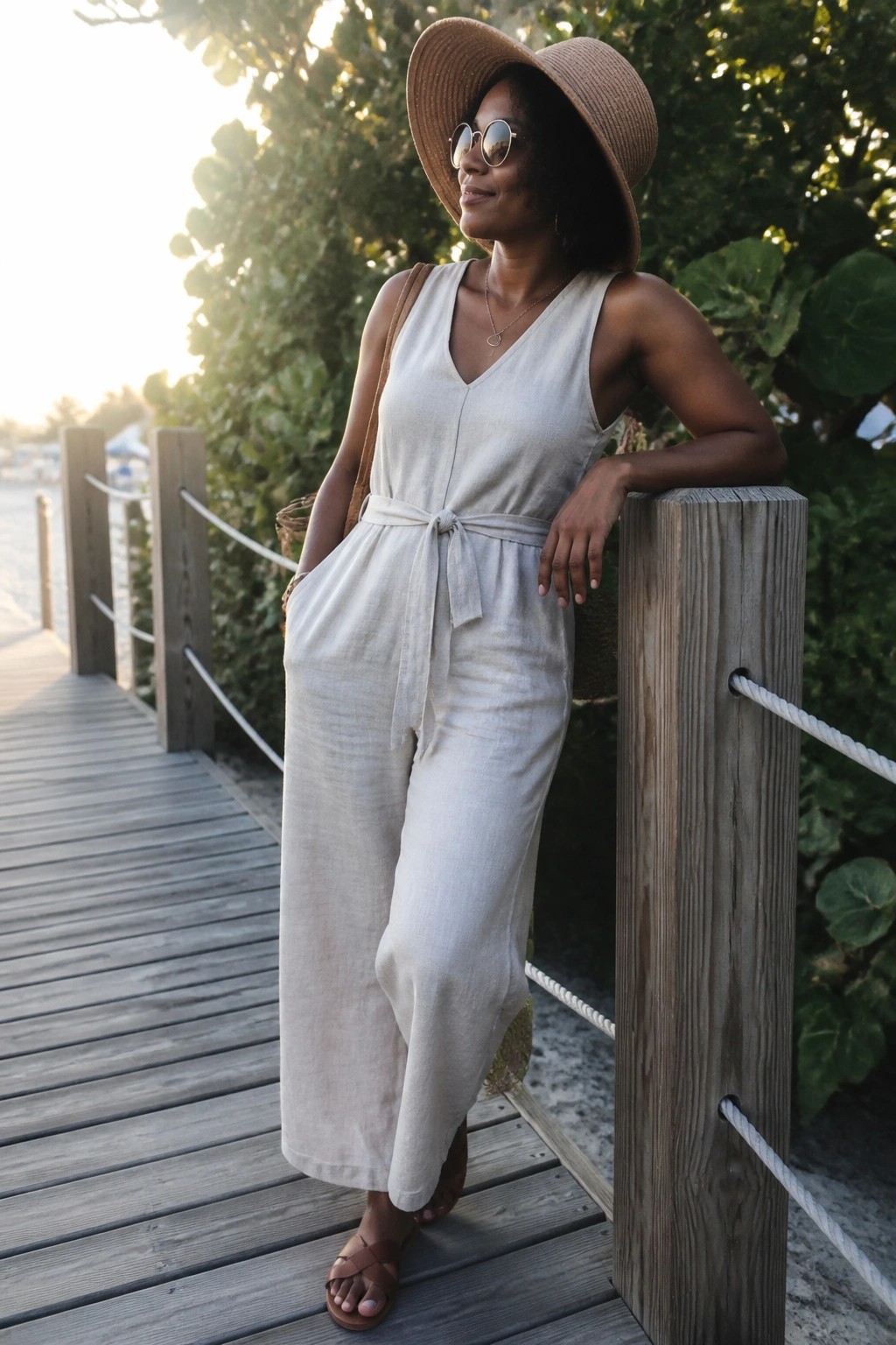 Woman in beige linen jumpsuit and brown hat leaning on wooden pier post at sunset