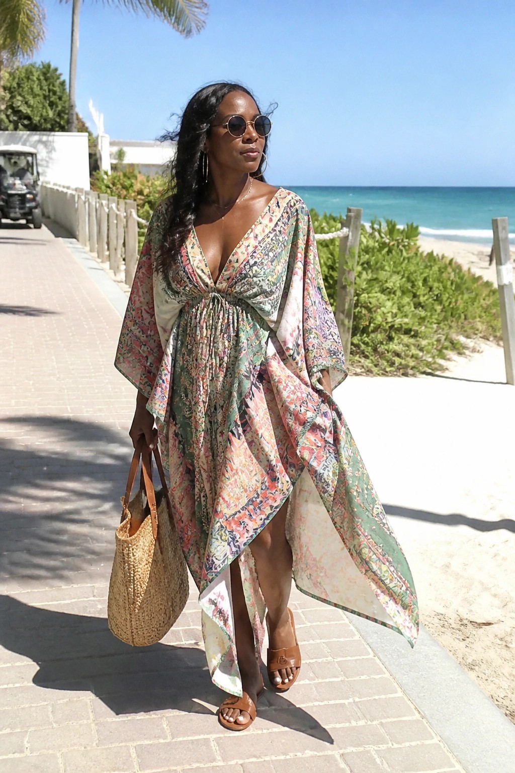 Woman in vibrant patterned maxi dress walks beach path with straw bag