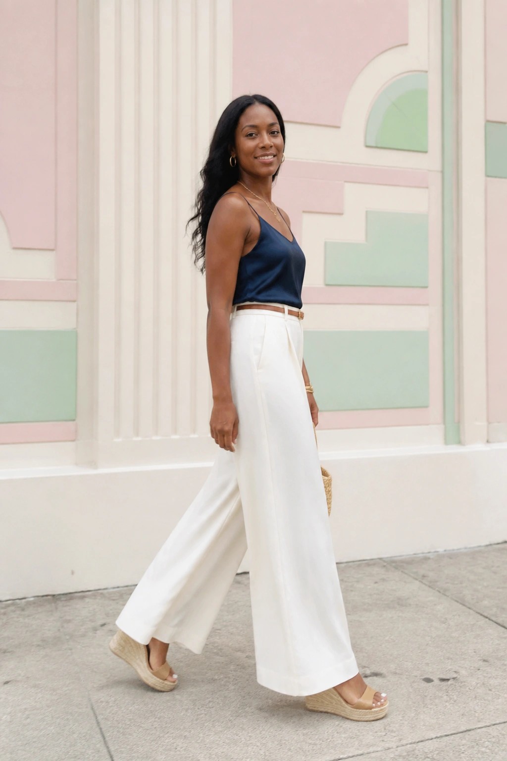 Woman in navy camisole and white wide-leg pants before colorful mural