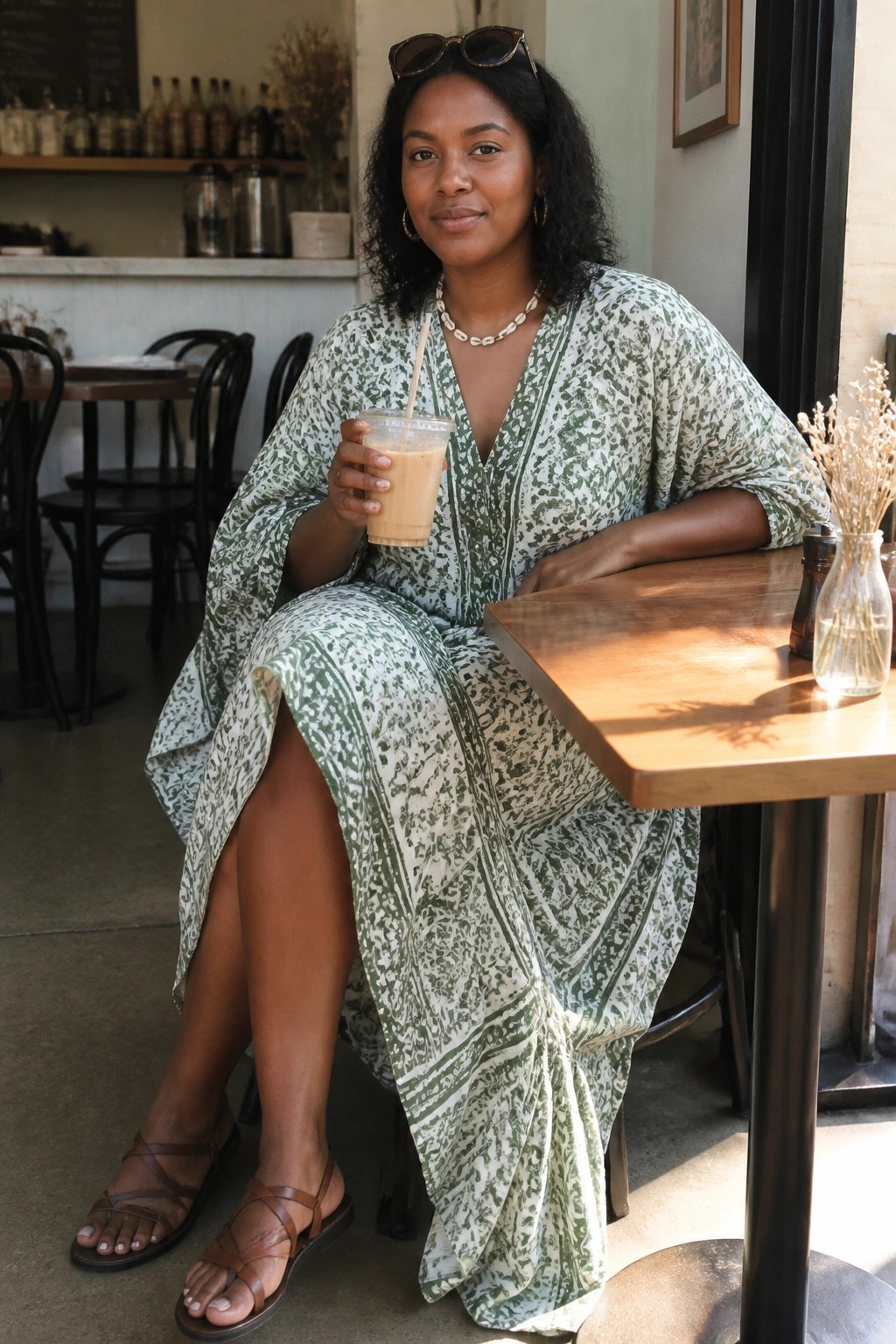 Woman in green patterned dress holding iced coffee at wooden cafe table
