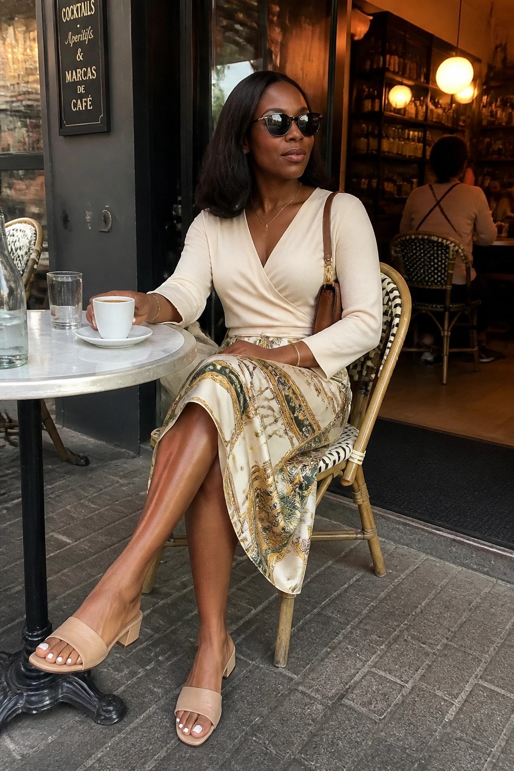 Woman in cream wrap top and patterned skirt sipping coffee at outdoor cafe