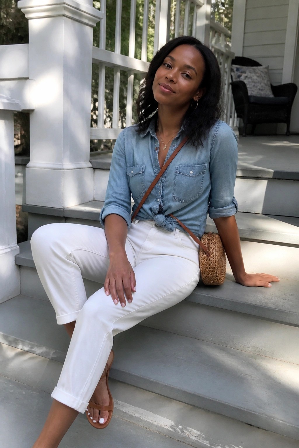 Woman in blue denim shirt and white pants on gray porch steps with woven bag