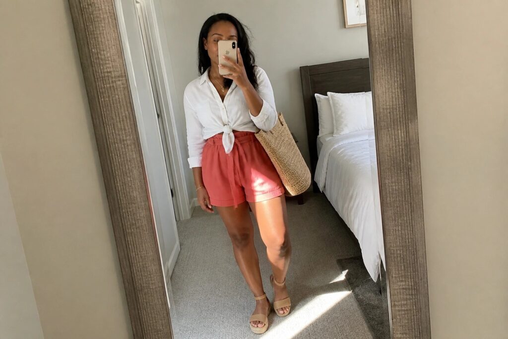 19 Stylish Miami Travel Outfits for Black Women Designed for Warm Weather Woman in knotted white shirt and coral shorts with woven tote taking mirror selfie