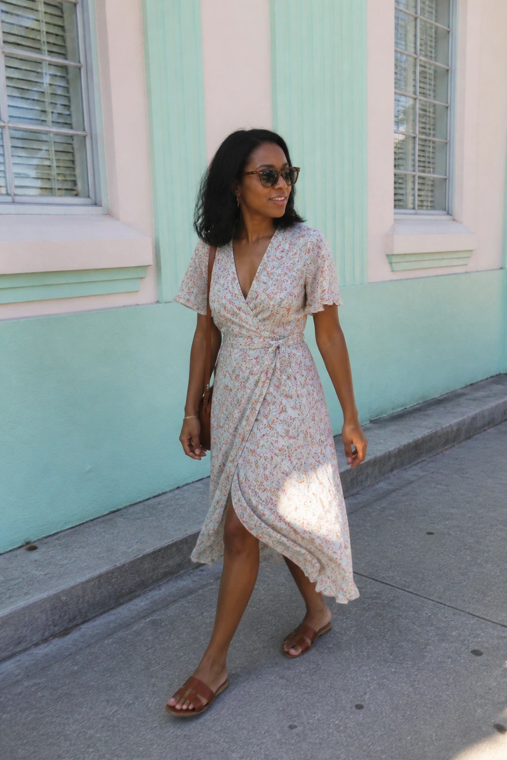 Woman in floral wrap dress walking past mint green building on sidewalk