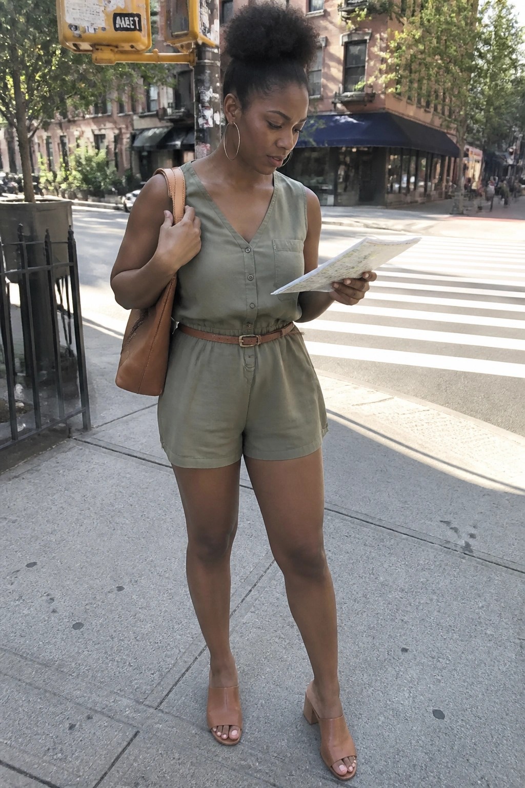 Woman in sage green romper reading map on city sidewalk with brown bag and heels