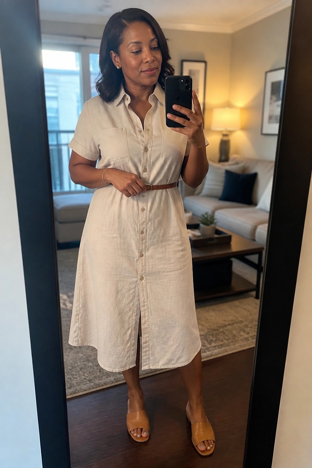 Woman wearing a cream short sleeve button front shirt dress with brown belt and tan slide sandals while taking a mirror selfie in a living room setting.