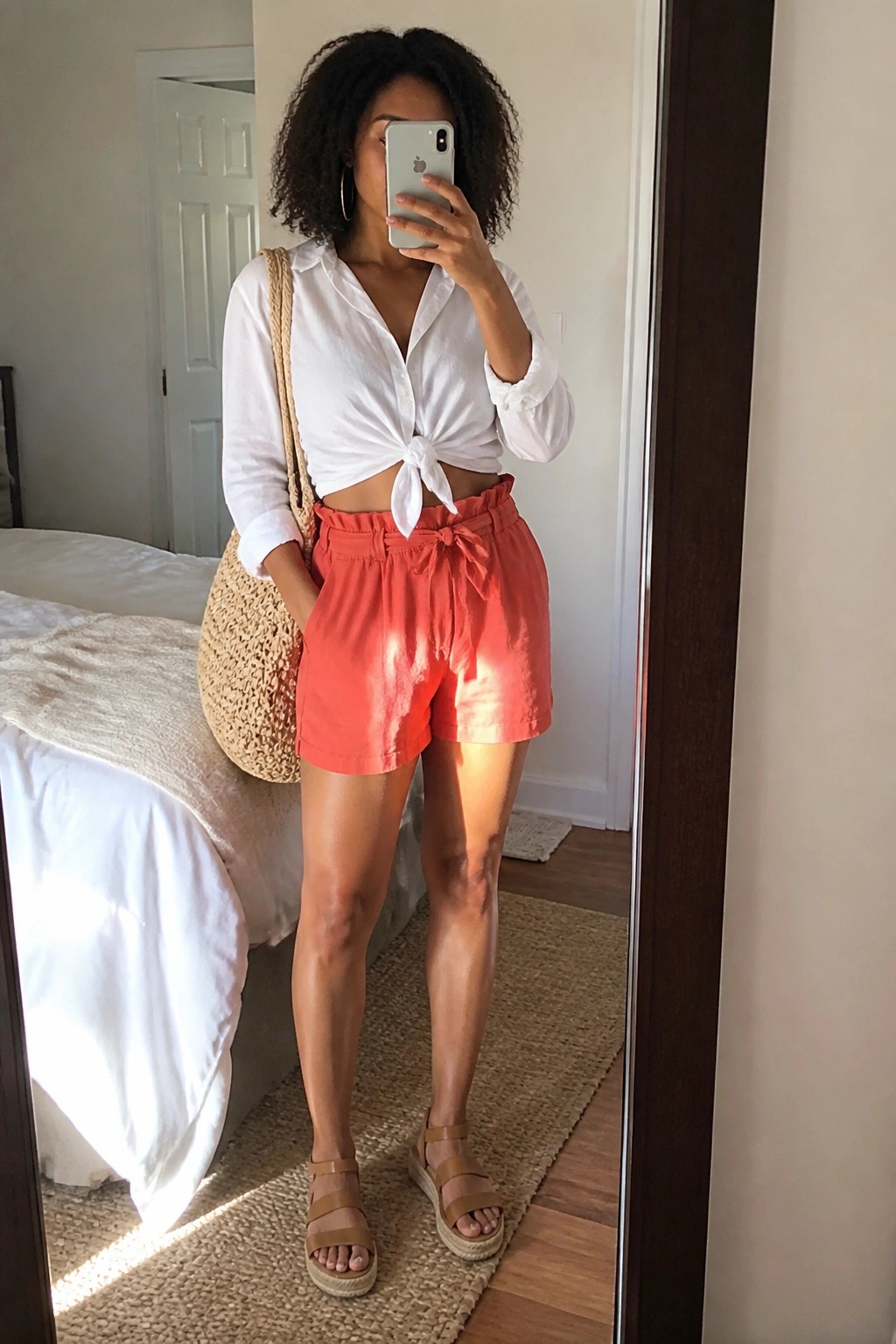 Woman in knotted white shirt and coral shorts with woven tote taking mirror selfie