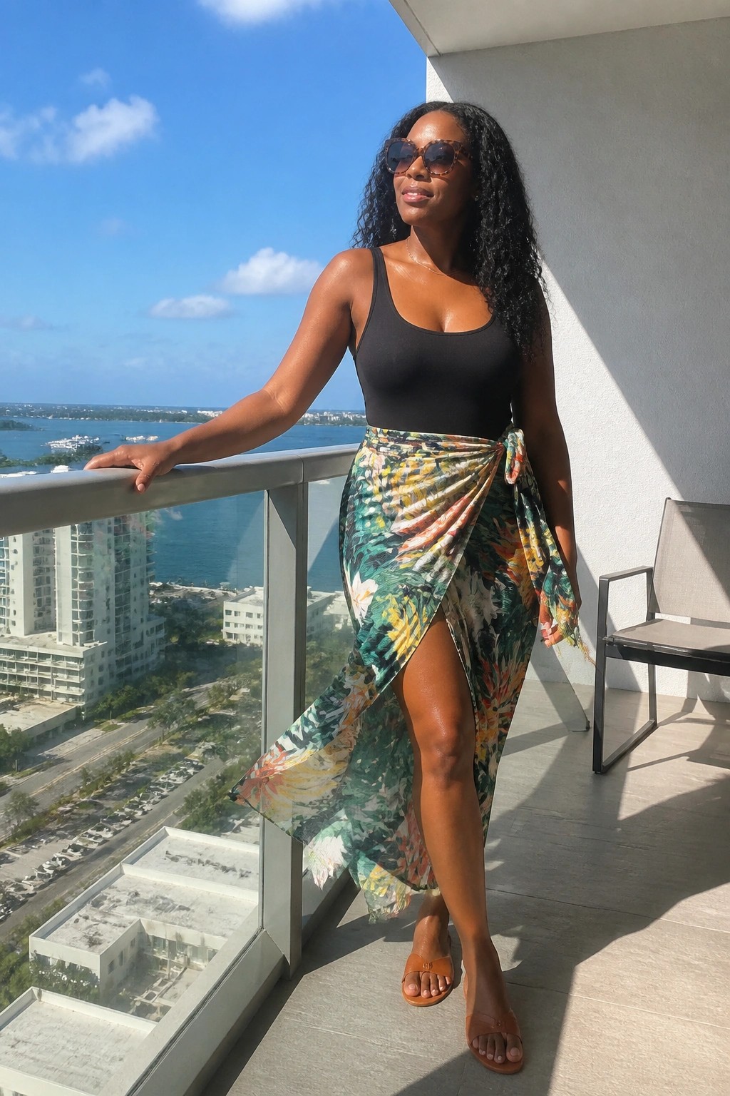 A woman wearing a black tank bodysuit with a colorful floral wrap skirt tied at the side, brown sandals, and sunglasses.