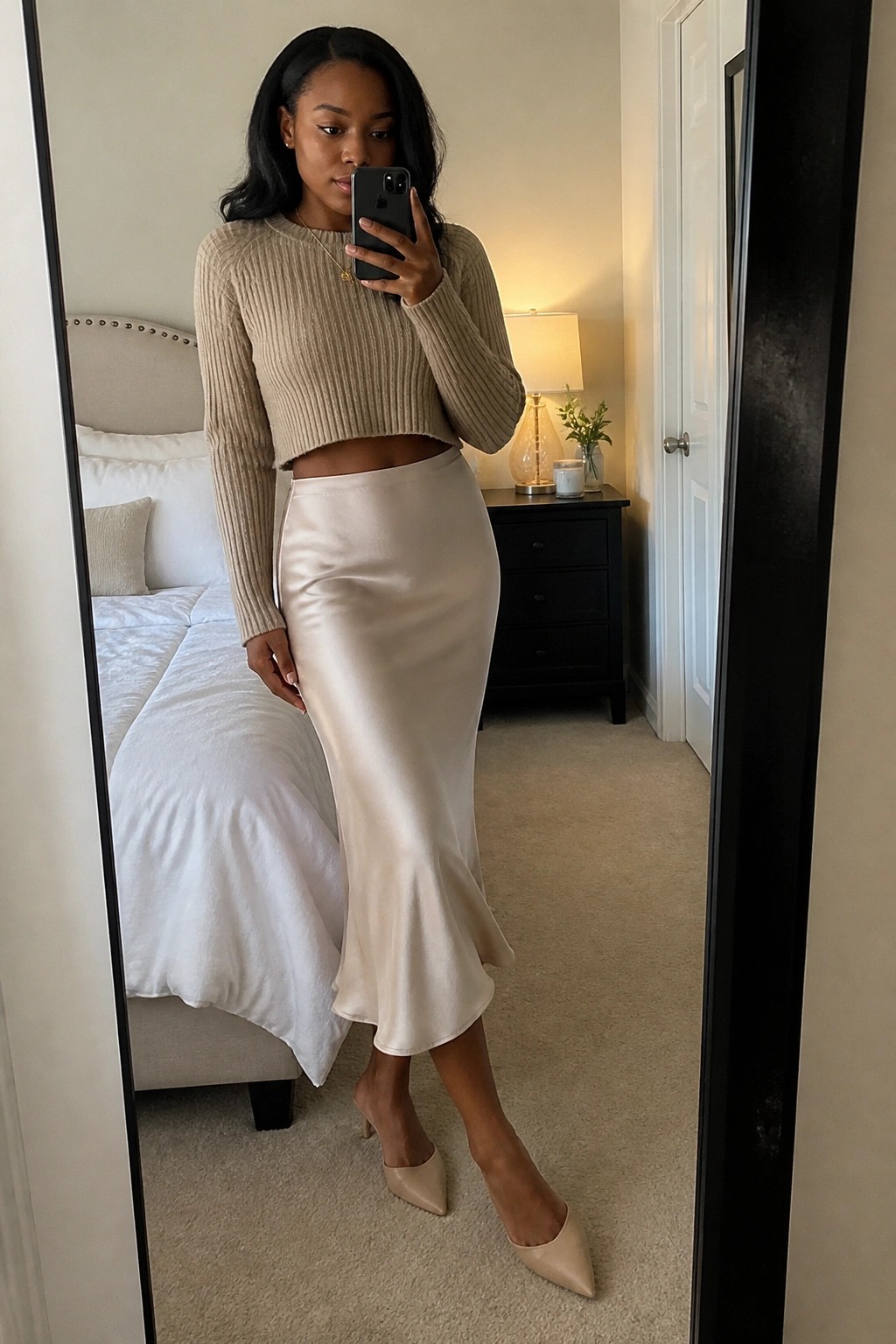 Woman in beige crop sweater and satin skirt taking bedroom mirror selfie