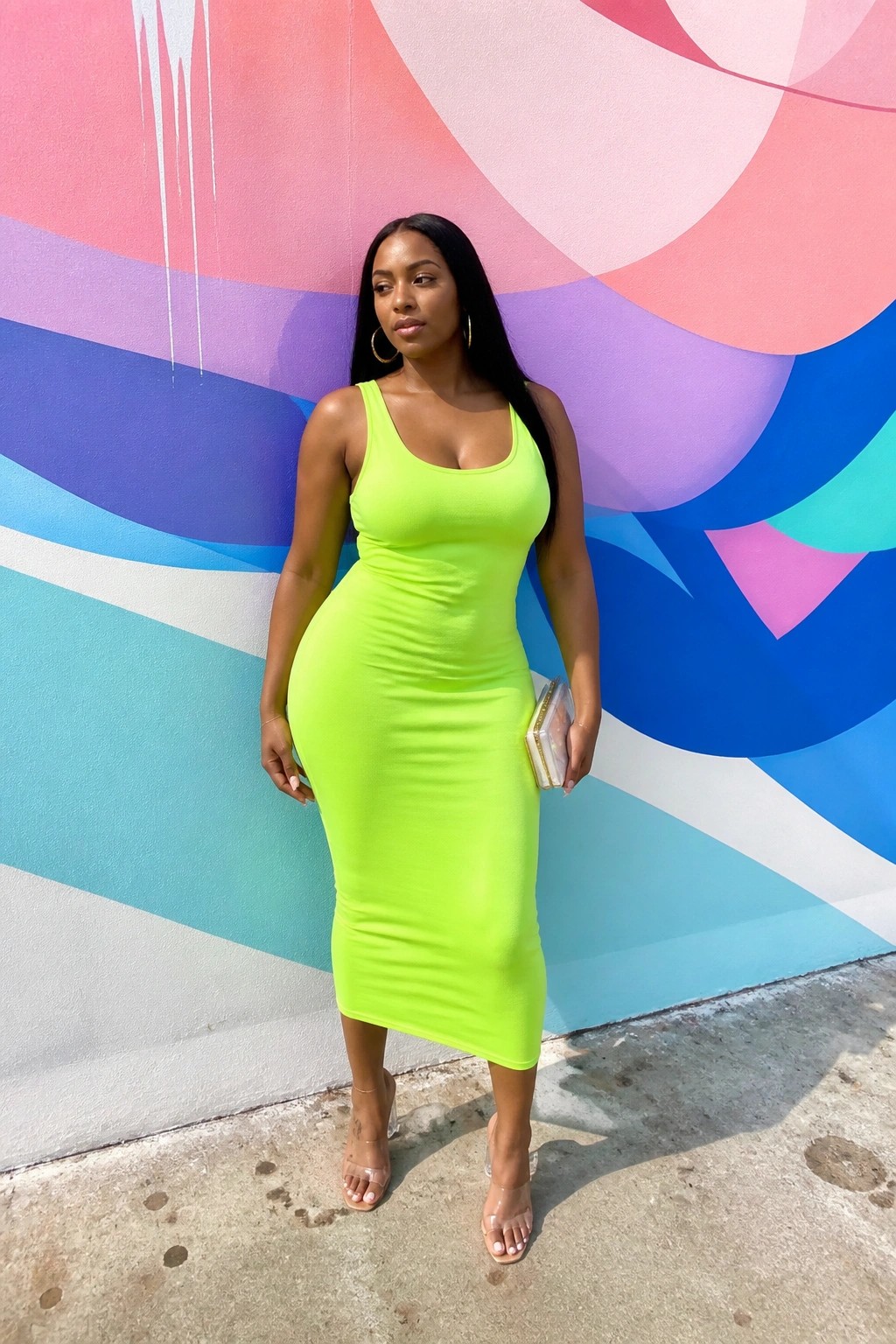 Woman in neon green midi dress holding clutch by vibrant mural wall