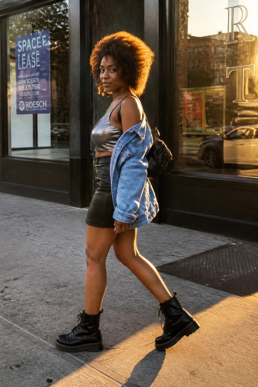 Woman with afro hair in silver crop top and black skirt walks on sidewalk at sunset.