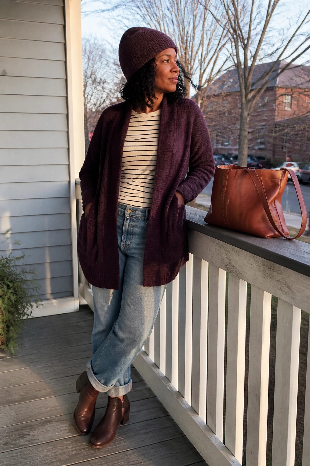Woman in maroon cardigan and beanie with striped shirt beside brown leather bag on porch