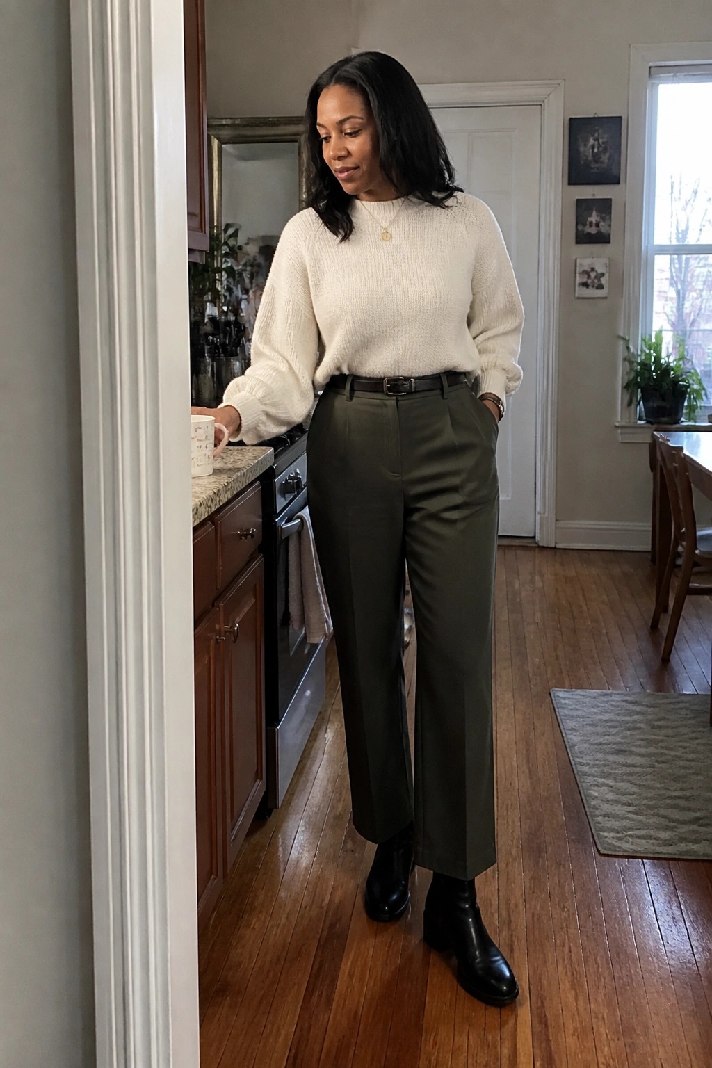 Woman in white knit sweater and green trousers holding mug in kitchen